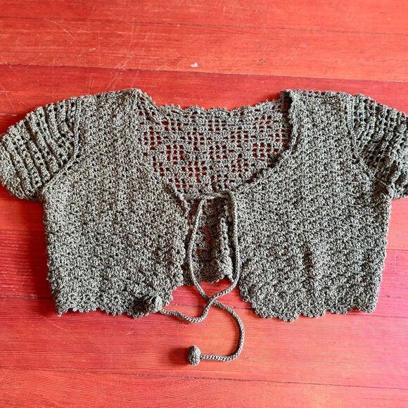 Crochet Tie Front Khaki Green Crop-Top (S/M) - Picture 1 of 6
